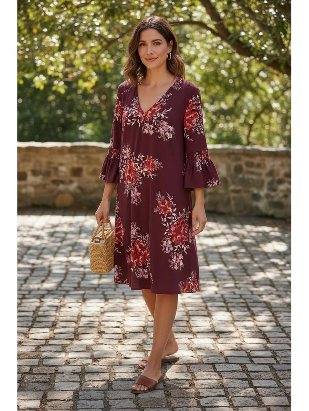 Roz & Ali Floral Print Bell‎ Sleeve Dress XL